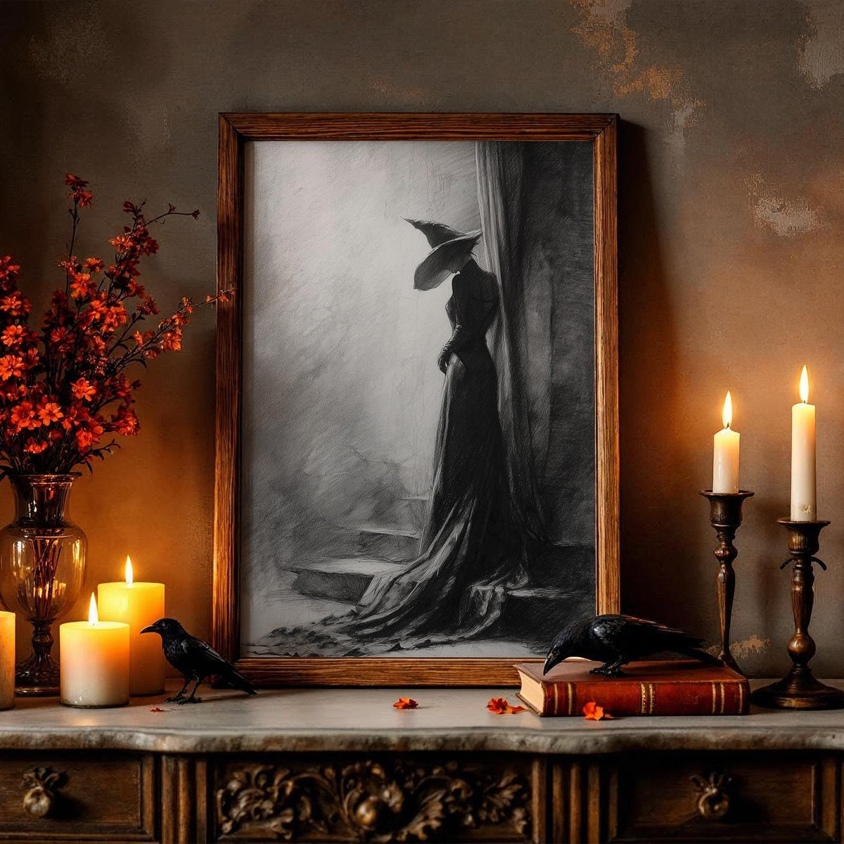 Black and White Witch Poster – Spooky Halloween wall art of a witch leaning against a tree, eerie forest scene, gothic s