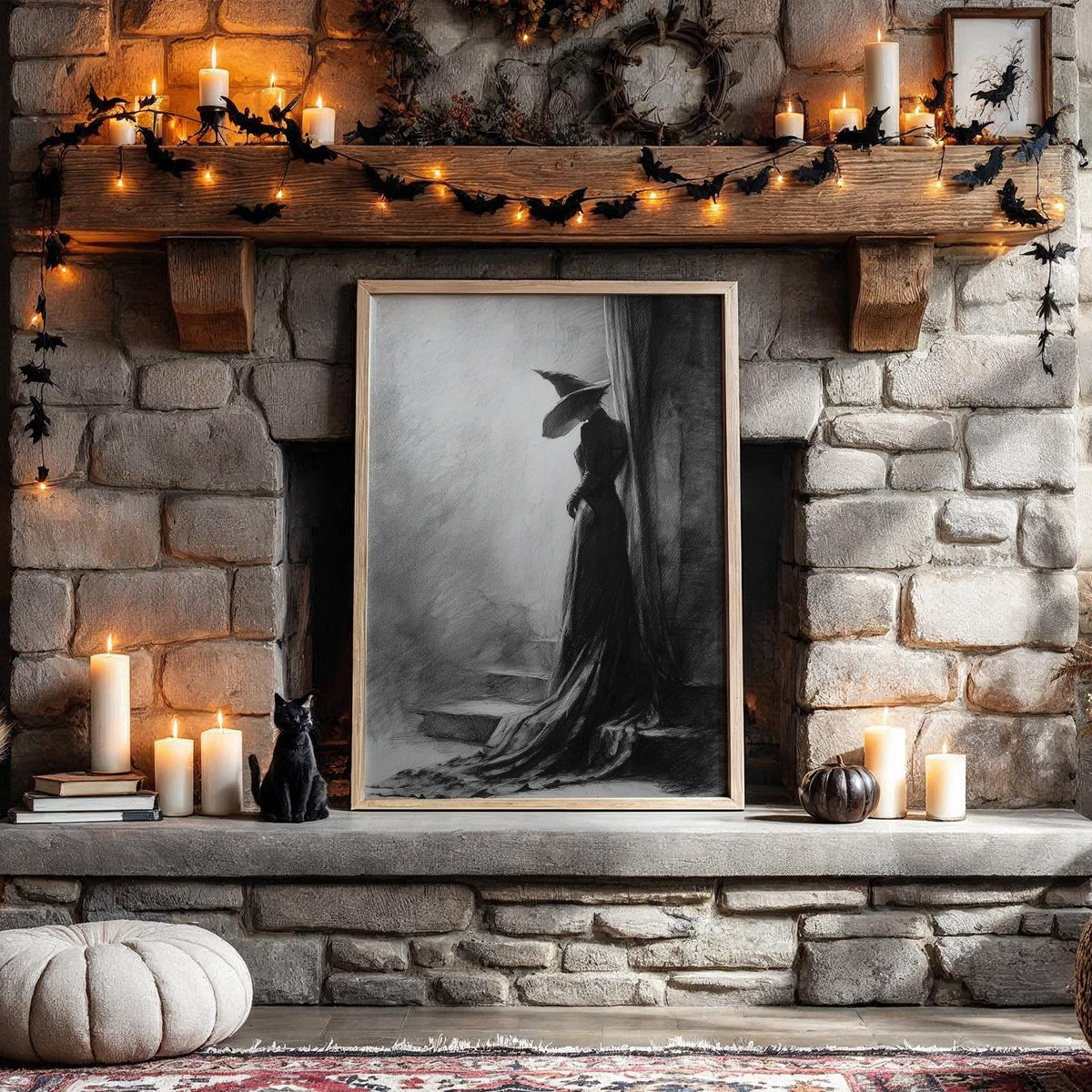Black and White Witch Poster – Spooky Halloween wall art of a witch leaning against a tree, eerie forest scene, gothic s