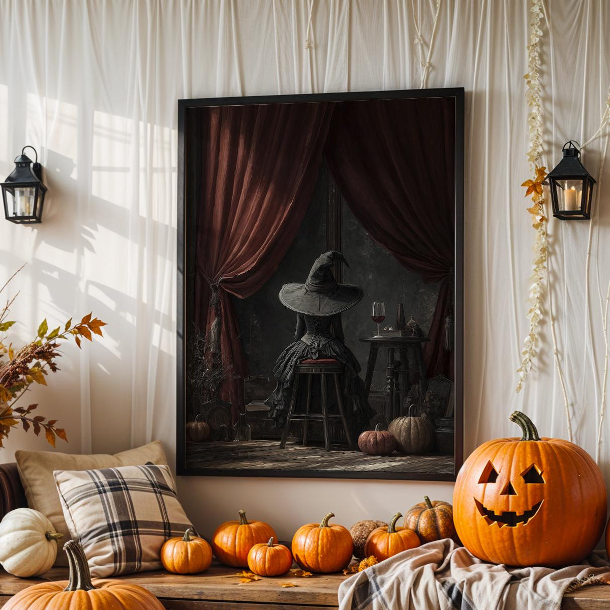 Witch Sitting Poster – Mystical Halloween wall art of a witch seen from behind, magical gothic print for cozy autumn hom