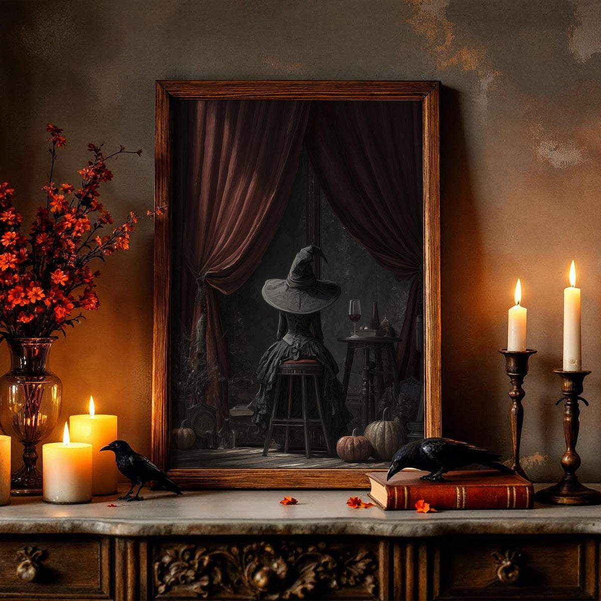 Witch Sitting Poster – Mystical Halloween wall art of a witch seen from behind, magical gothic print for cozy autumn hom