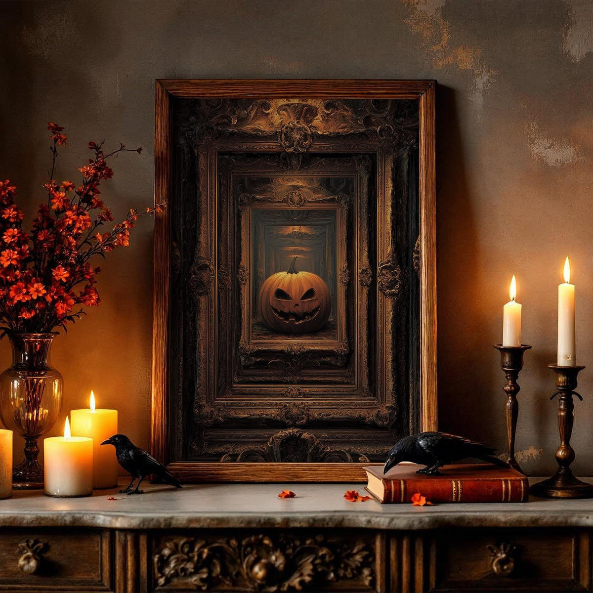 Pumpkin Framed Art Print – vintage Halloween wall decor, classic autumn pumpkin poster for cozy seasonal home