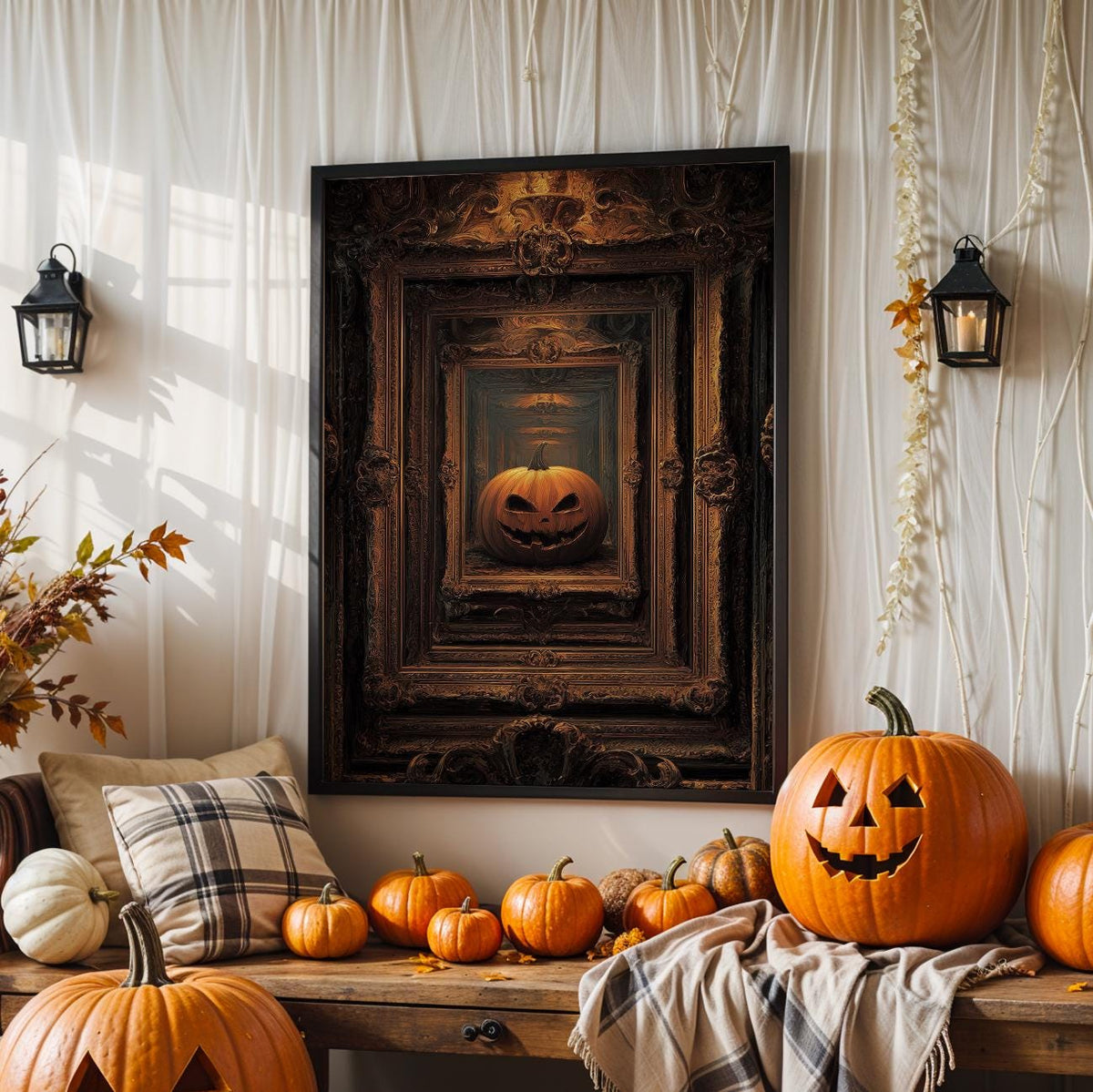 Pumpkin Framed Art Print – vintage Halloween wall decor, classic autumn pumpkin poster for cozy seasonal home
