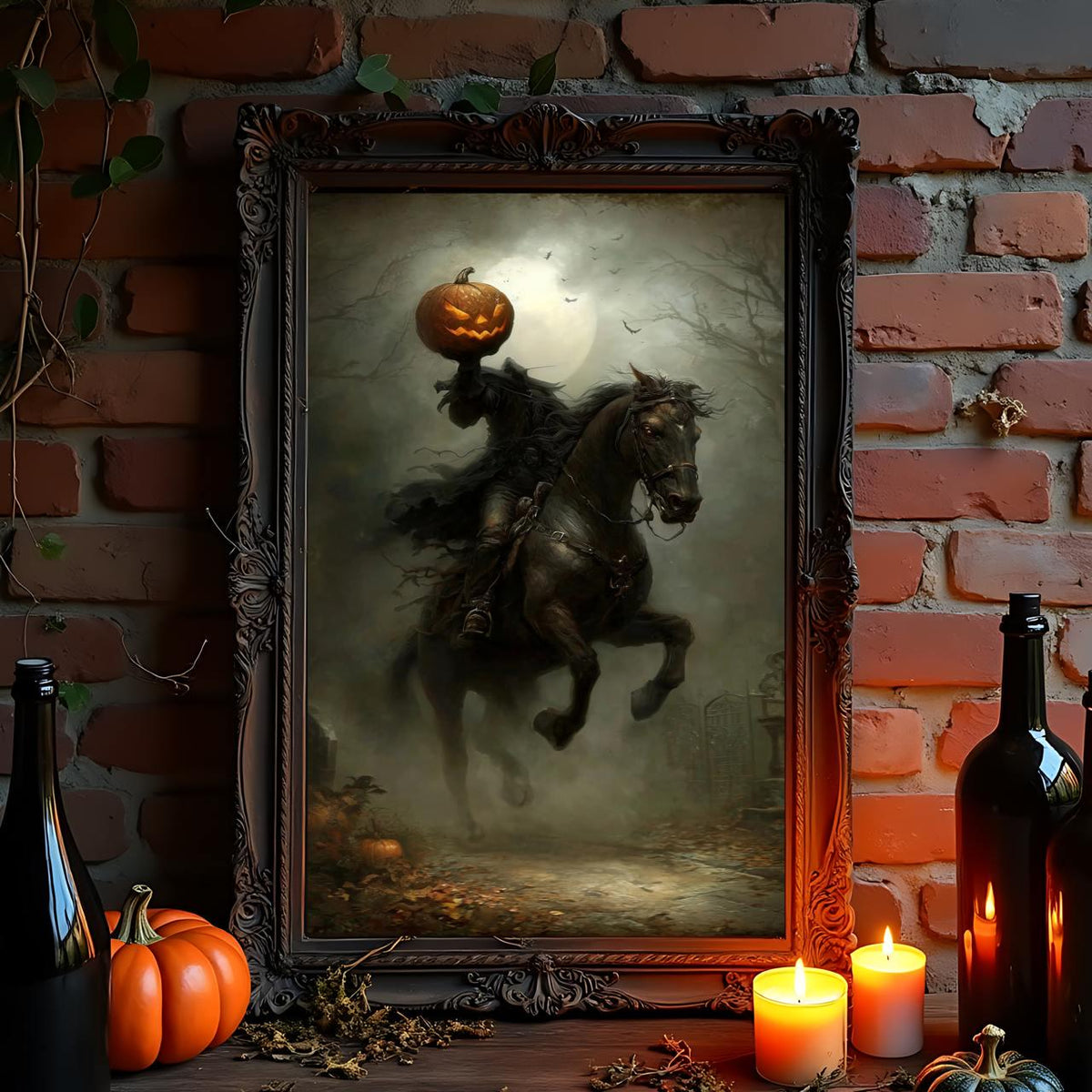 Headless Horseman Halloween Print, Pumpkin in Hand Riding Through Autumn Forest Poster, Dark Fantasy Gift, dark cottagec