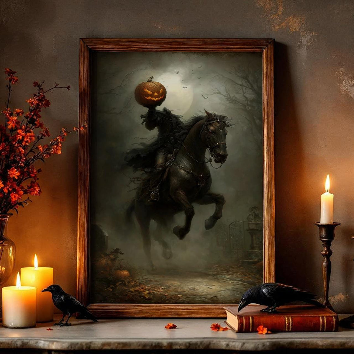 Headless Horseman Halloween Print, Pumpkin in Hand Riding Through Autumn Forest Poster, Dark Fantasy Gift, dark cottagec