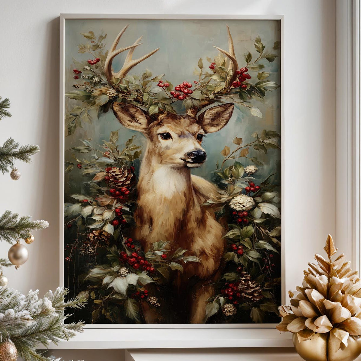 Christmas Reindeer Portrait with Festive Wreath Poster, Holiday Wall Art Print, Rustic Winter Home Decor