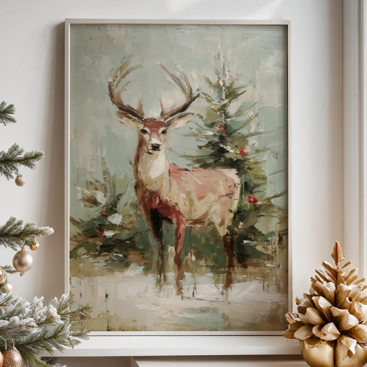 Christmas Reindeer Wall Art Print, Festive Deer by Tree, Modern Oil Painting Style Holiday Decor