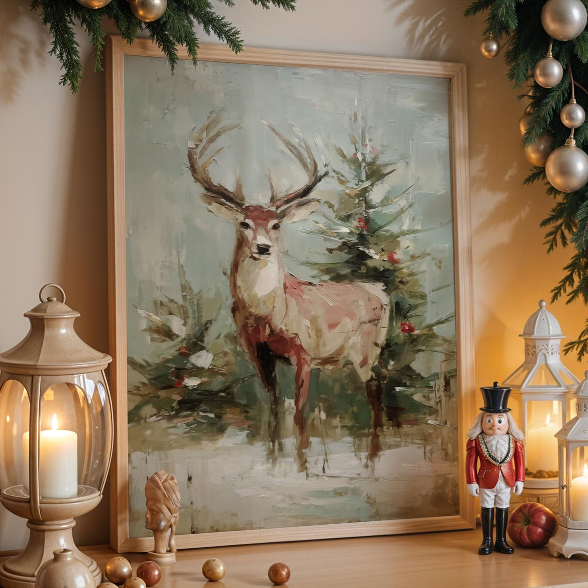 Christmas Reindeer Wall Art Print, Festive Deer by Tree, Modern Oil Painting Style Holiday Decor