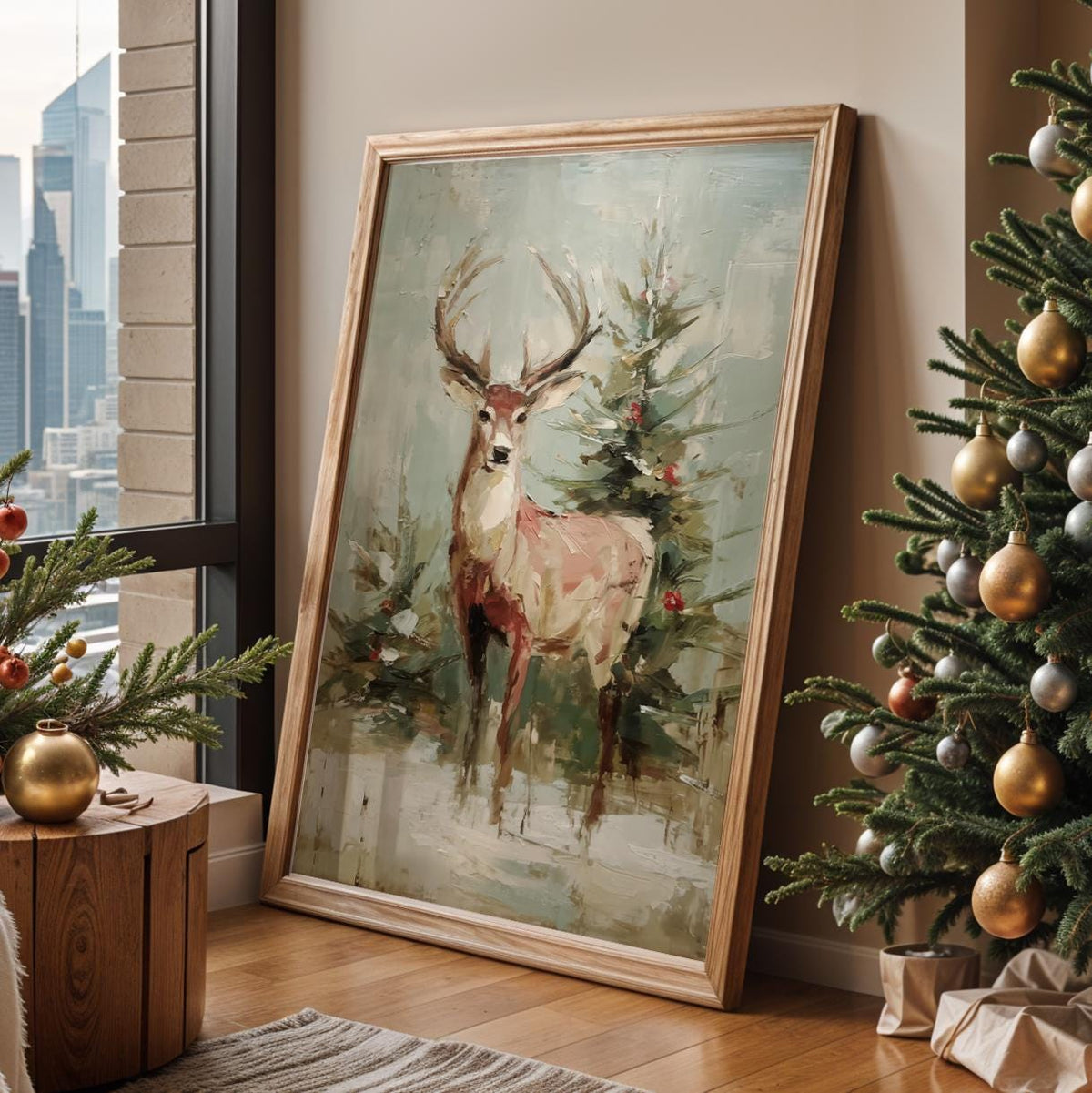 Christmas Reindeer Wall Art Print, Festive Deer by Tree, Modern Oil Painting Style Holiday Decor