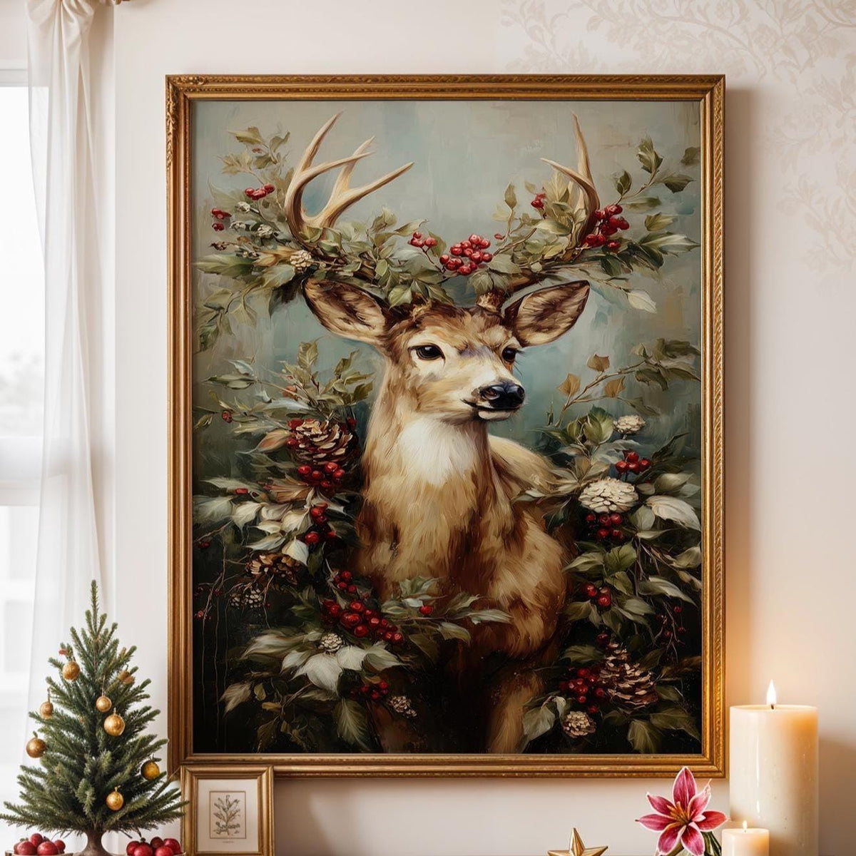 Christmas Reindeer Portrait with Festive Wreath Poster, Holiday Wall Art Print, Rustic Winter Home Decor