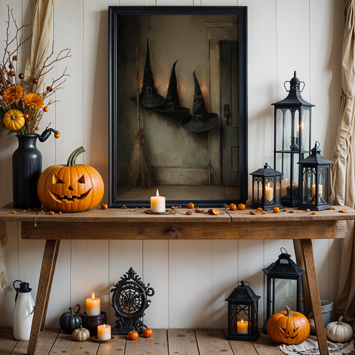 Victorian Witch Hats and Brooms Halloween Poster, Dark Gothic halloween art print wall decor poster, witch hats art