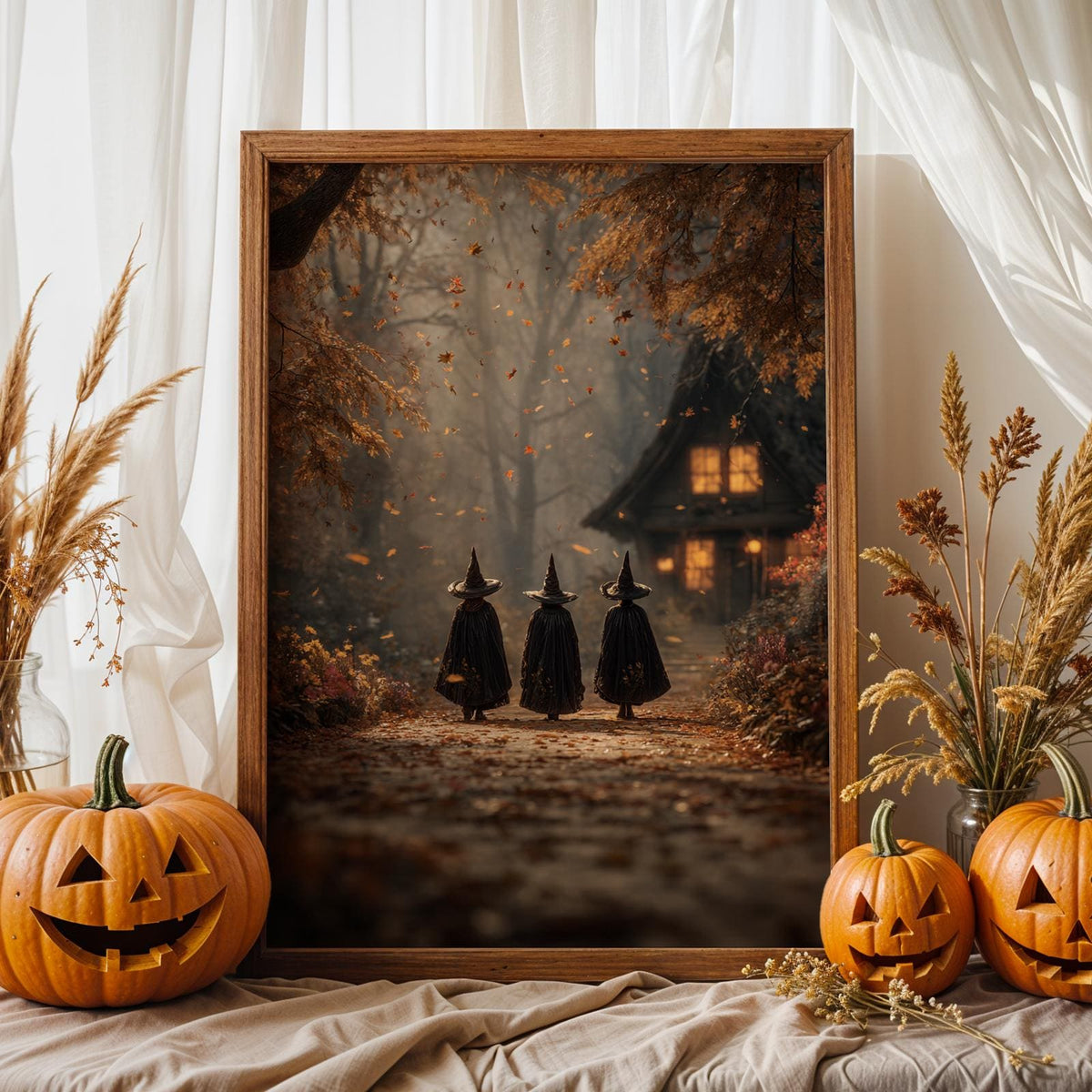 Three Witches on Autumn Path Poster – mystical Halloween wall art print, spooky seasonal artwork for cozy fall home and 