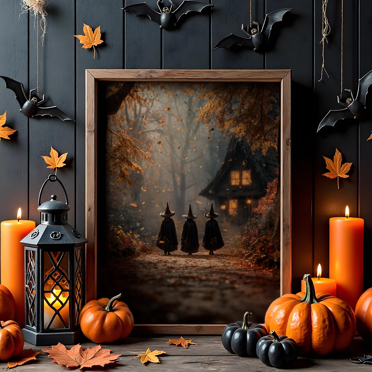 Three Witches on Autumn Path Poster – mystical Halloween wall art print, spooky seasonal artwork for cozy fall home and 