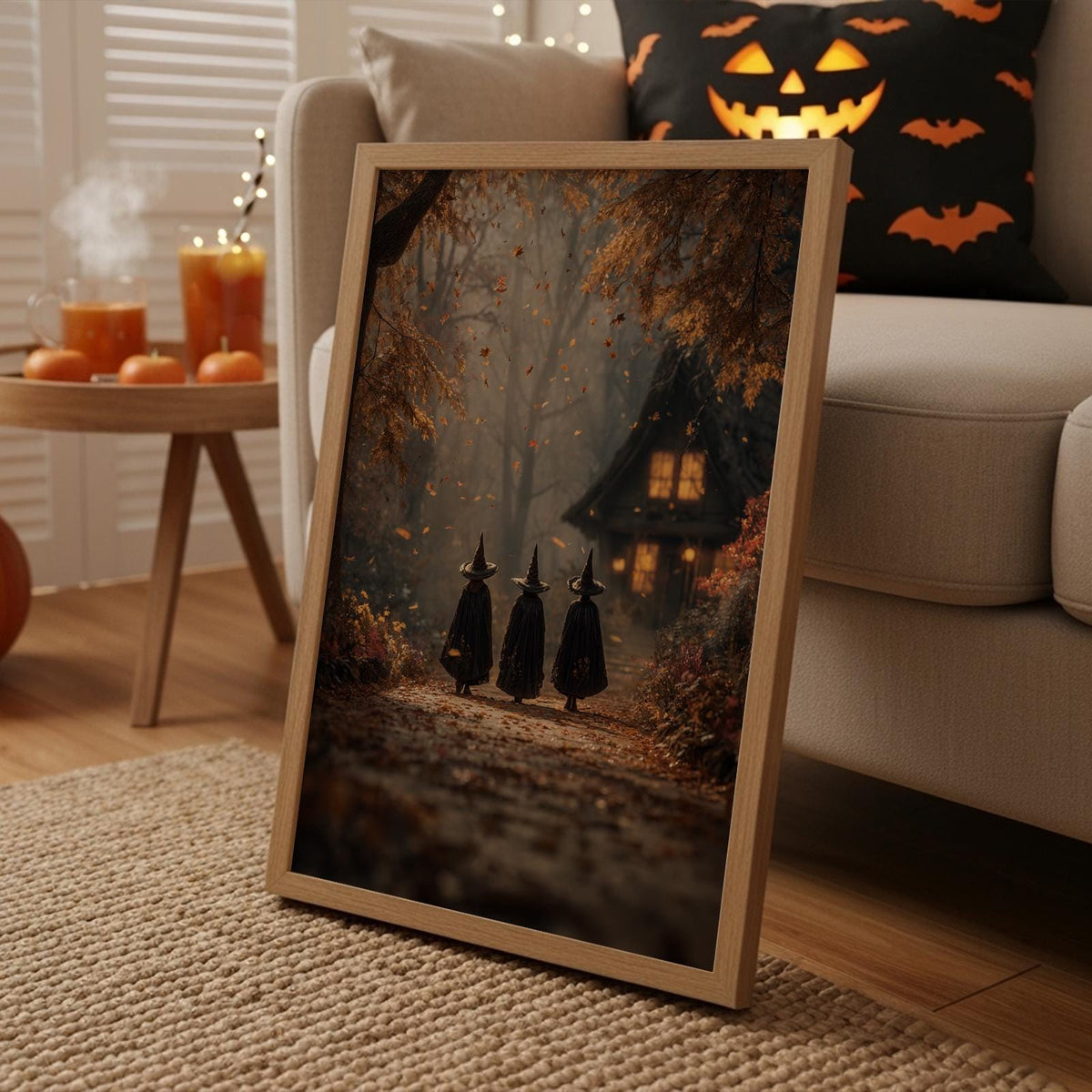 Three Witches on Autumn Path Poster – mystical Halloween wall art print, spooky seasonal artwork for cozy fall home and 