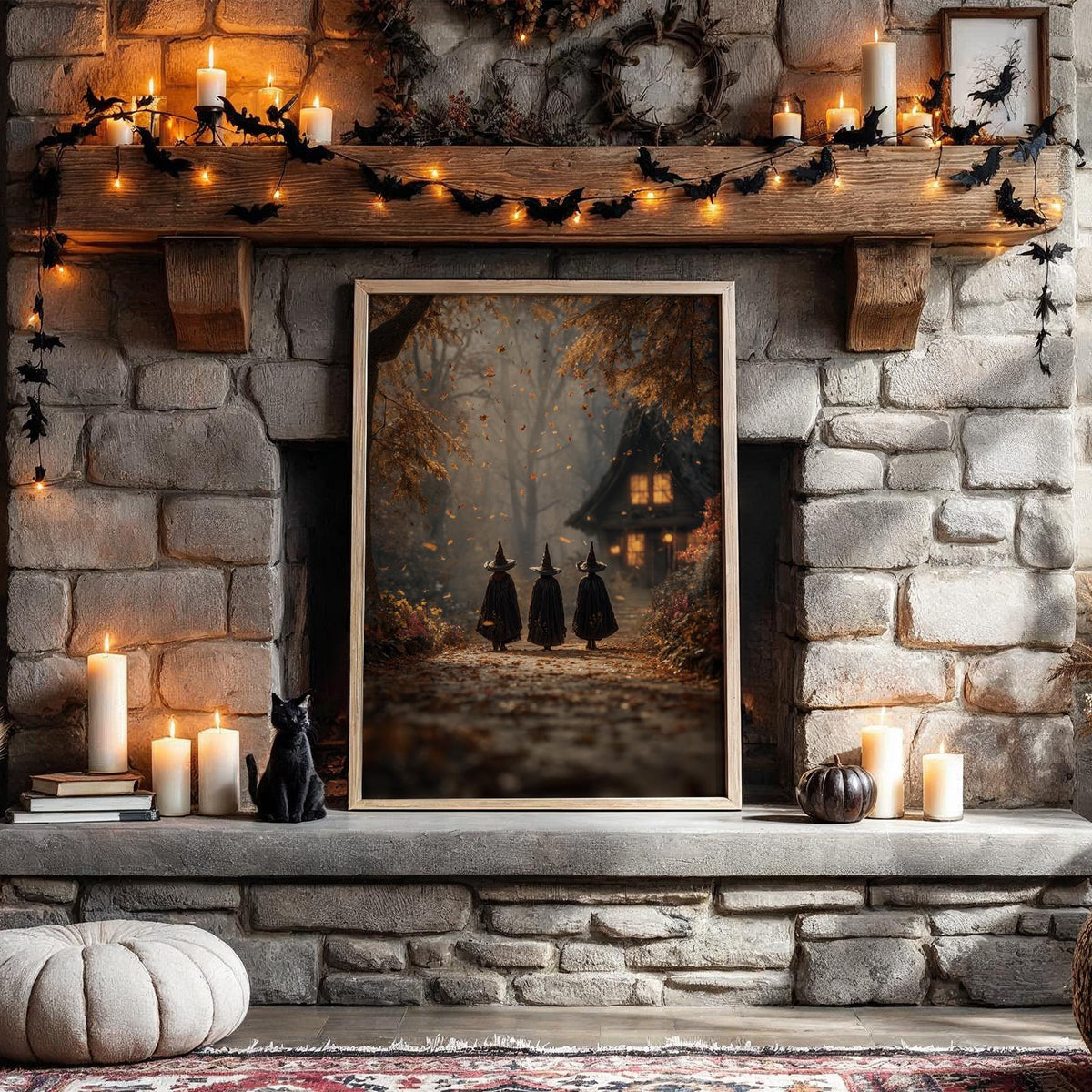 Three Witches on Autumn Path Poster – mystical Halloween wall art print, spooky seasonal artwork for cozy fall home and 
