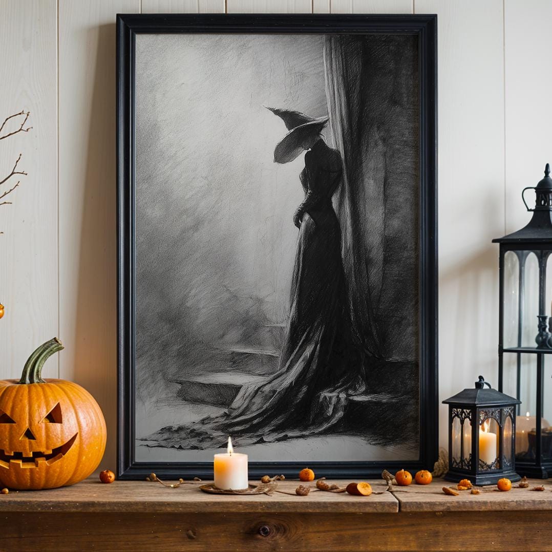 Black and White Witch Poster – Spooky Halloween wall art of a witch leaning against a tree, eerie forest scene, gothic s