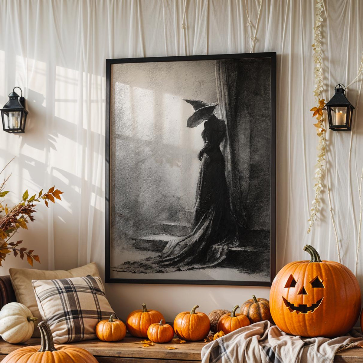 Black and White Witch Poster – Spooky Halloween wall art of a witch leaning against a tree, eerie forest scene, gothic s