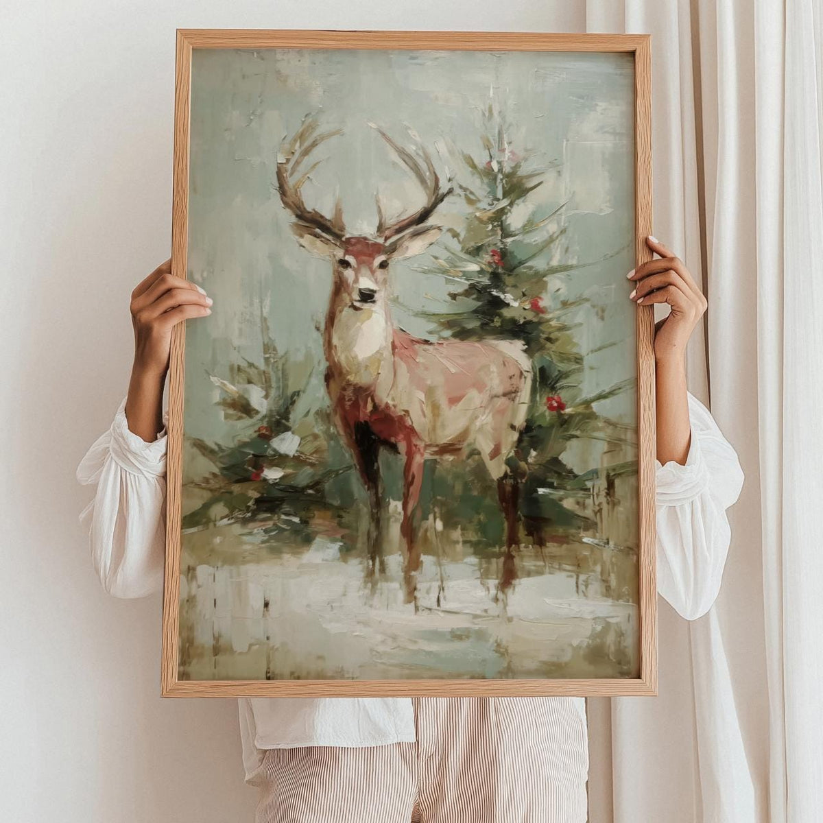 Christmas Reindeer Wall Art Print, Festive Deer by Tree, Modern Oil Painting Style Holiday Decor