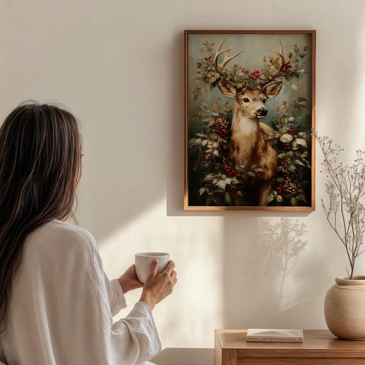 Christmas Reindeer Portrait with Festive Wreath Poster, Holiday Wall Art Print, Rustic Winter Home Decor