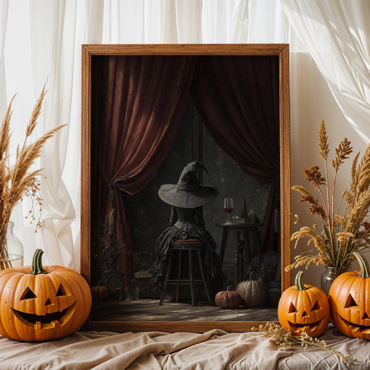 Witch Sitting Poster – Mystical Halloween wall art of a witch seen from behind, magical gothic print for cozy autumn hom