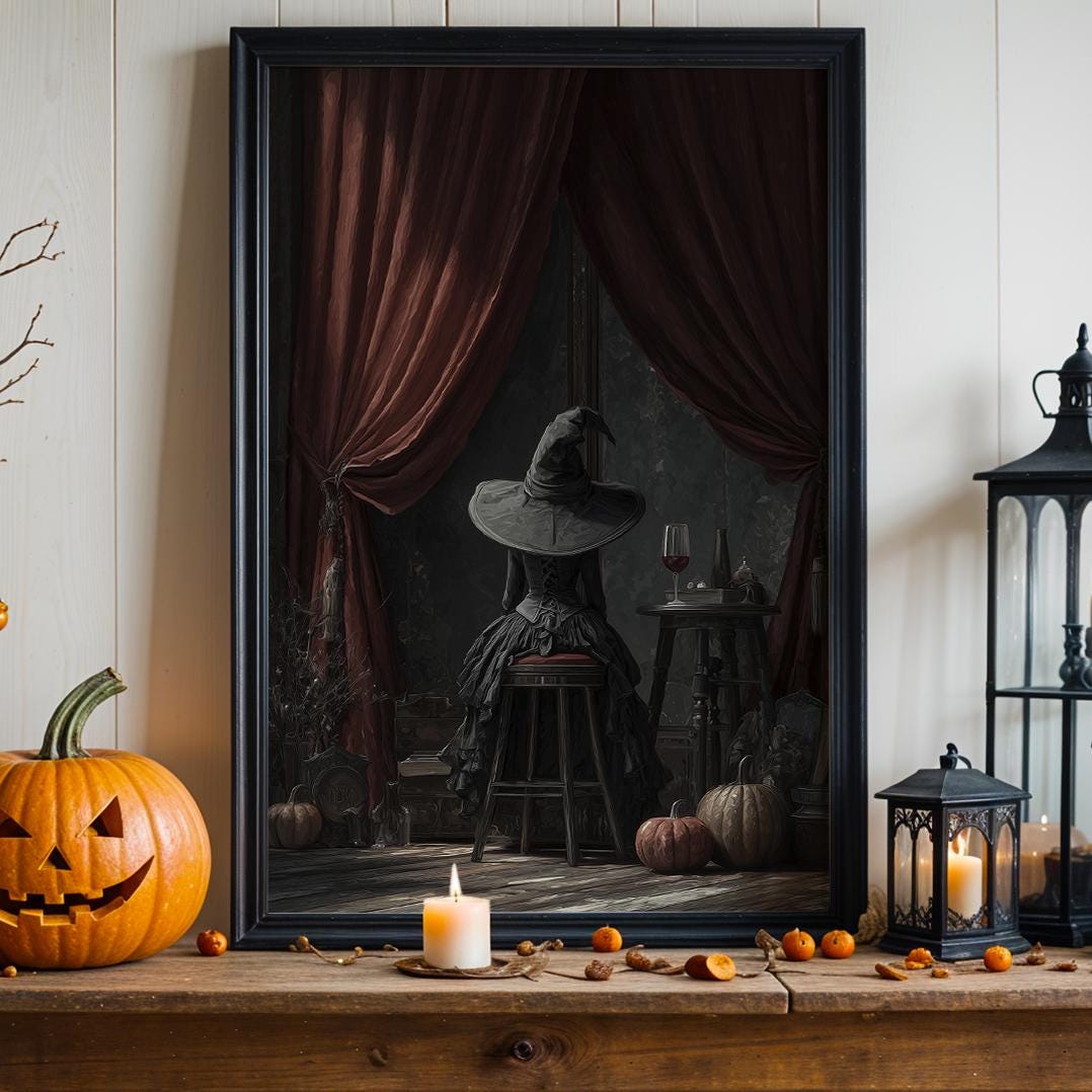 Witch Sitting Poster – Mystical Halloween wall art of a witch seen from behind, magical gothic print for cozy autumn hom