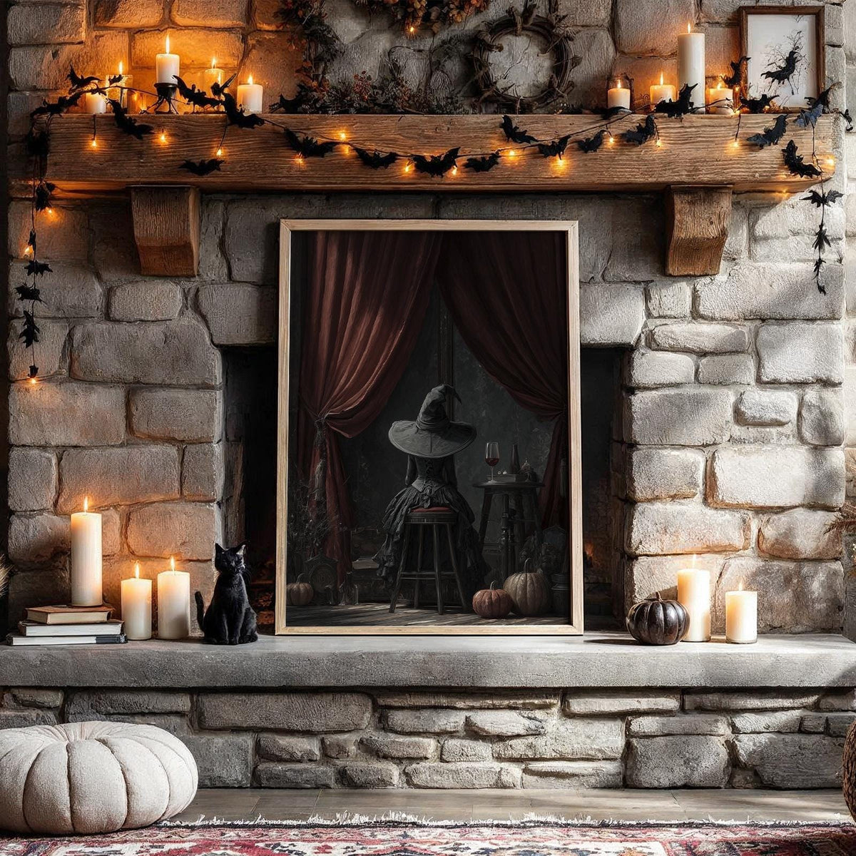 Witch Sitting Poster – Mystical Halloween wall art of a witch seen from behind, magical gothic print for cozy autumn hom