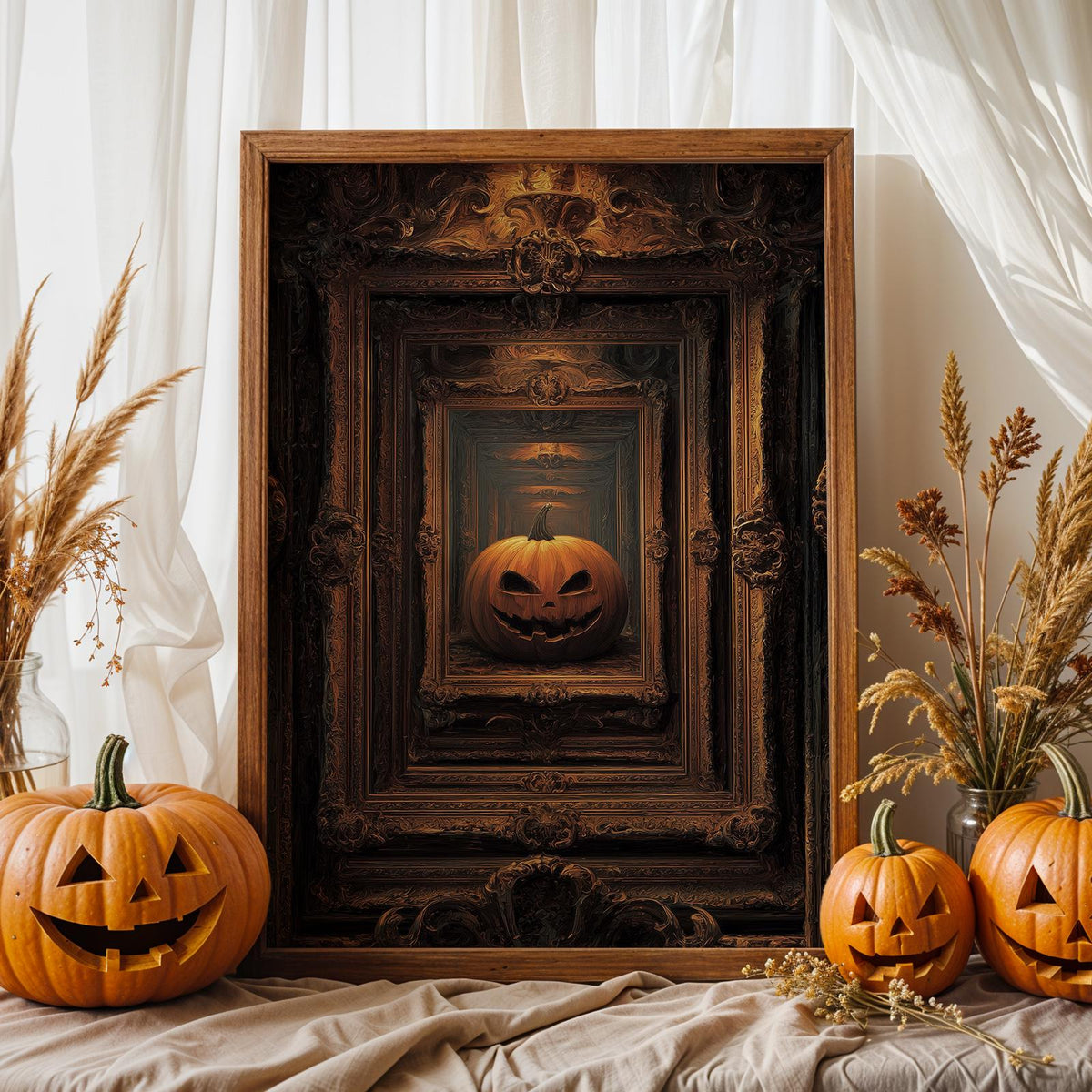Pumpkin Framed Art Print – vintage Halloween wall decor, classic autumn pumpkin poster for cozy seasonal home