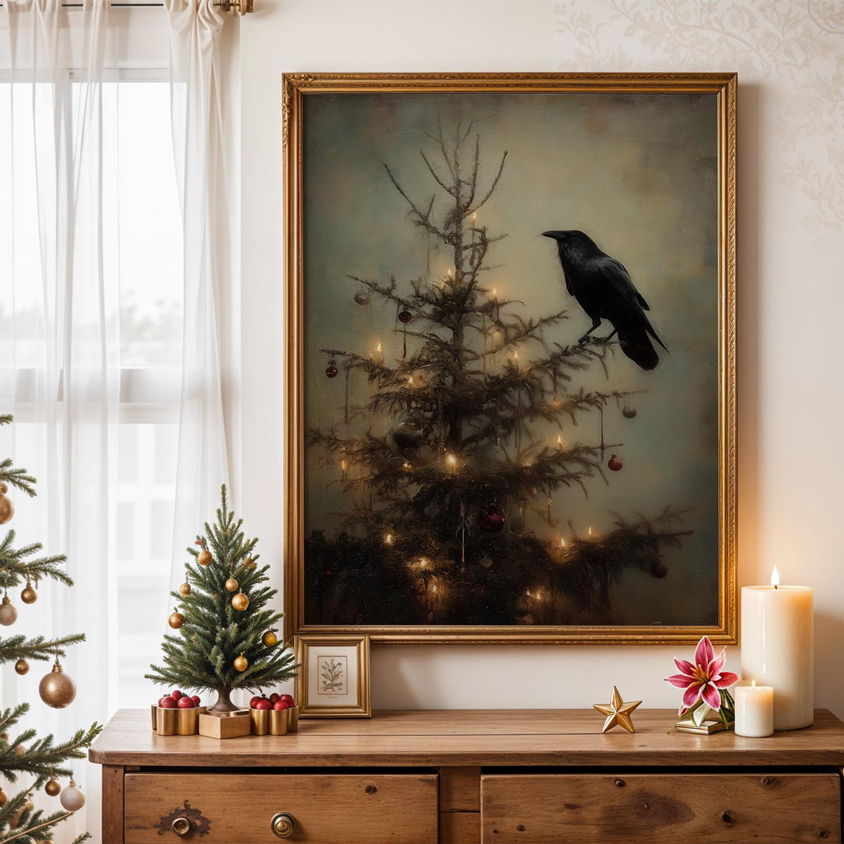 Dark Academia Christmas Crow Print, Gothic Holiday Wall Art Gift for Him or Her, Christmas Wall Art