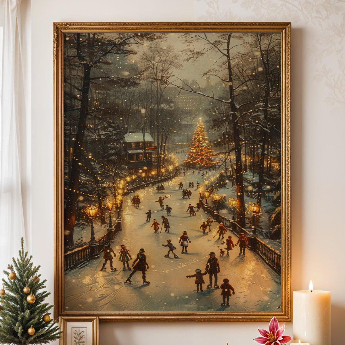 Festive Ice Rink Christmas Poster – Winter Wall Art Print, Cozy Holiday Decor, Family Skating, Christmas Tree Lights, Sn