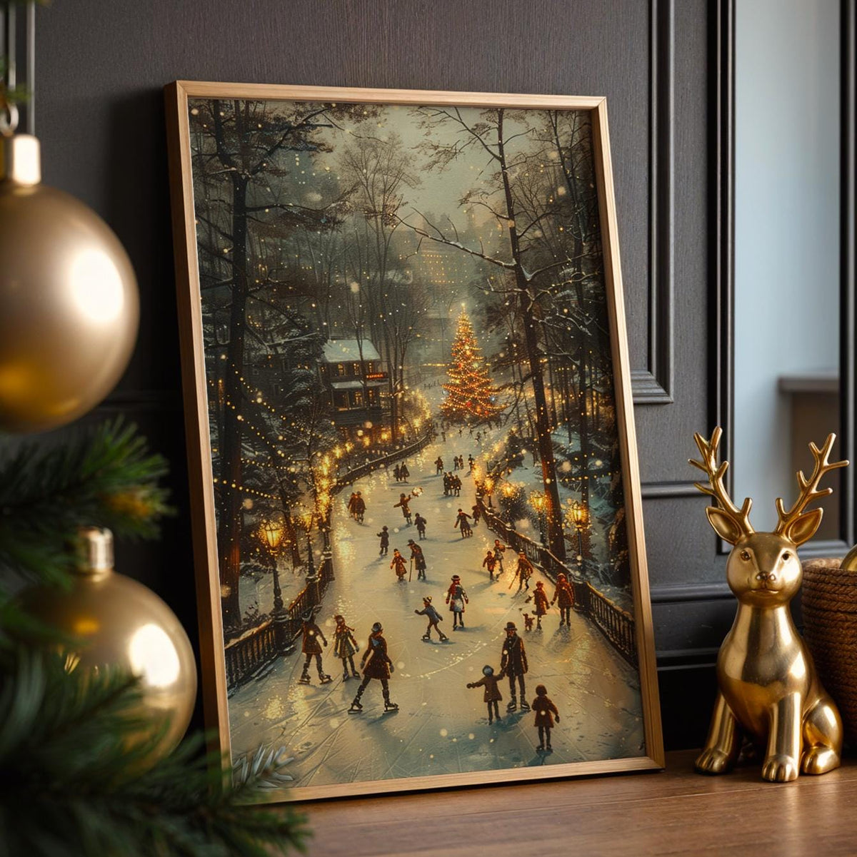 Festive Ice Rink Christmas Poster – Winter Wall Art Print, Cozy Holiday Decor, Family Skating, Christmas Tree Lights, Sn
