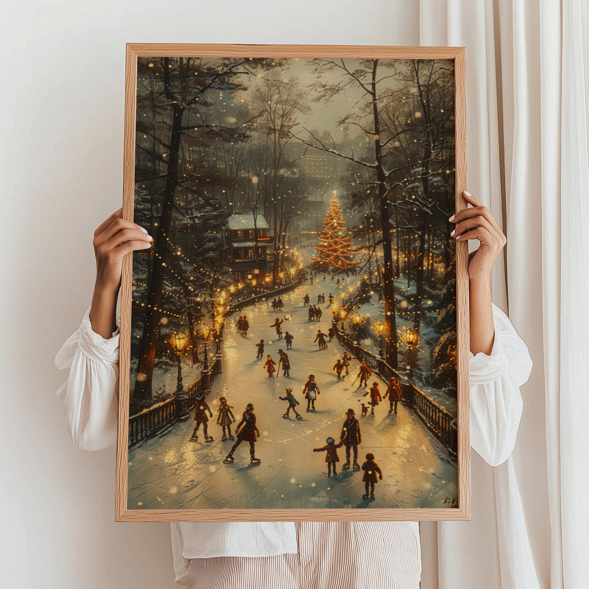 Festive Ice Rink Christmas Poster – Winter Wall Art Print, Cozy Holiday Decor, Family Skating, Christmas Tree Lights, Sn