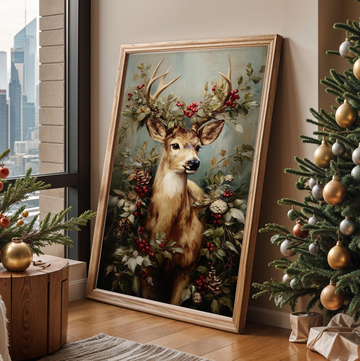 Christmas Reindeer Portrait with Festive Wreath Poster, Holiday Wall Art Print, Rustic Winter Home Decor