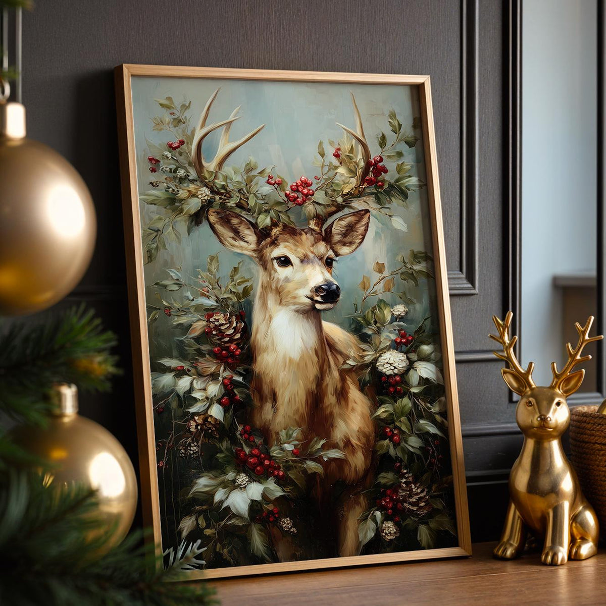 Christmas Reindeer Portrait with Festive Wreath Poster, Holiday Wall Art Print, Rustic Winter Home Decor