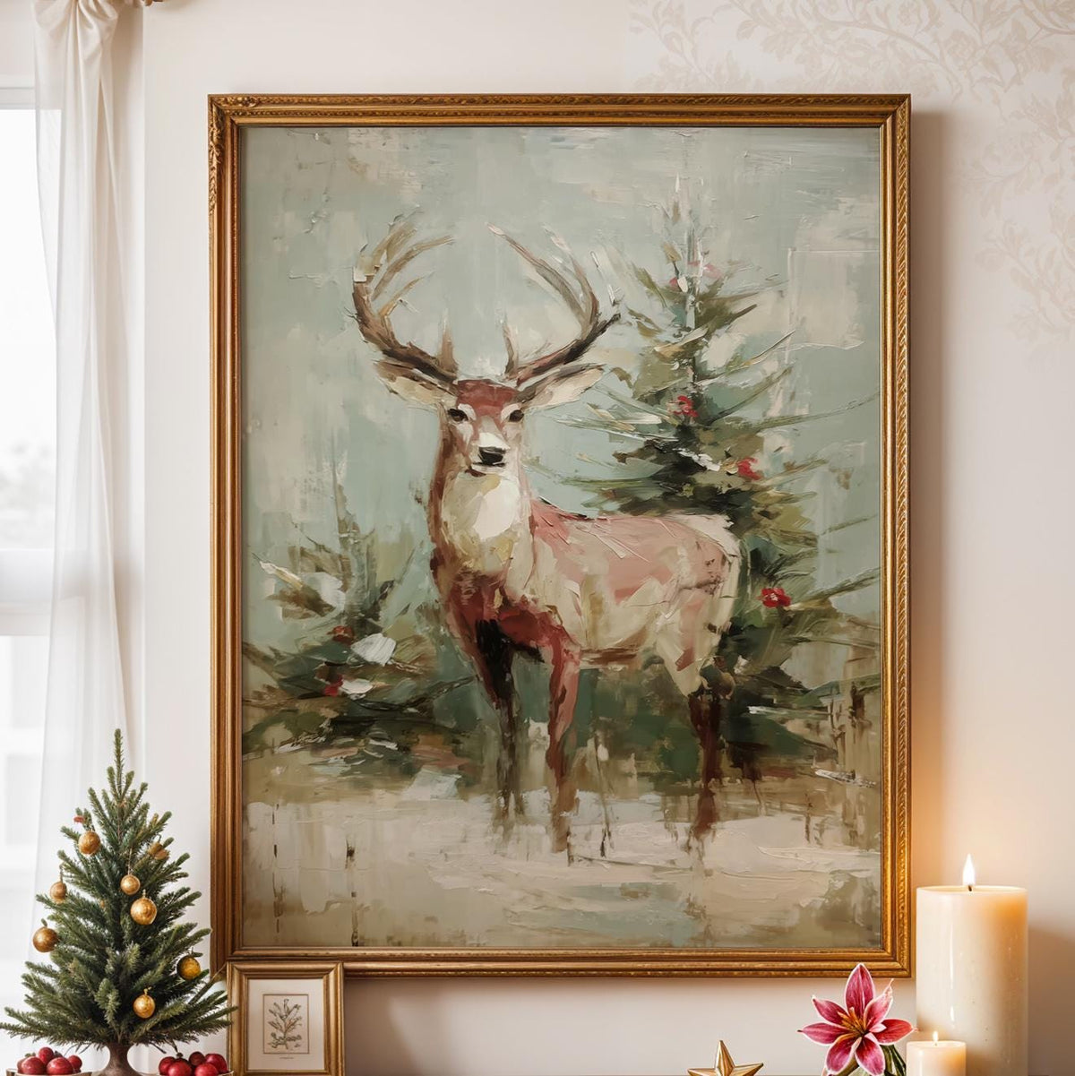 Christmas Reindeer Wall Art Print, Festive Deer by Tree, Modern Oil Painting Style Holiday Decor