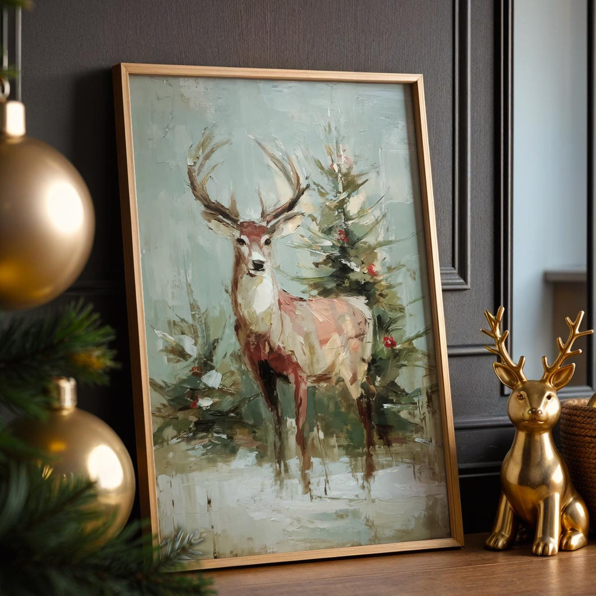 Christmas Reindeer Wall Art Print, Festive Deer by Tree, Modern Oil Painting Style Holiday Decor