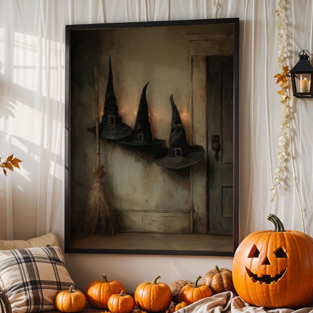 Victorian Witch Hats and Brooms Halloween Poster, Dark Gothic halloween art print wall decor poster, witch hats art