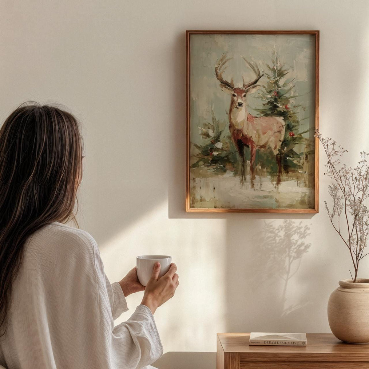 Christmas Reindeer Wall Art Print, Festive Deer by Tree, Modern Oil Painting Style Holiday Decor