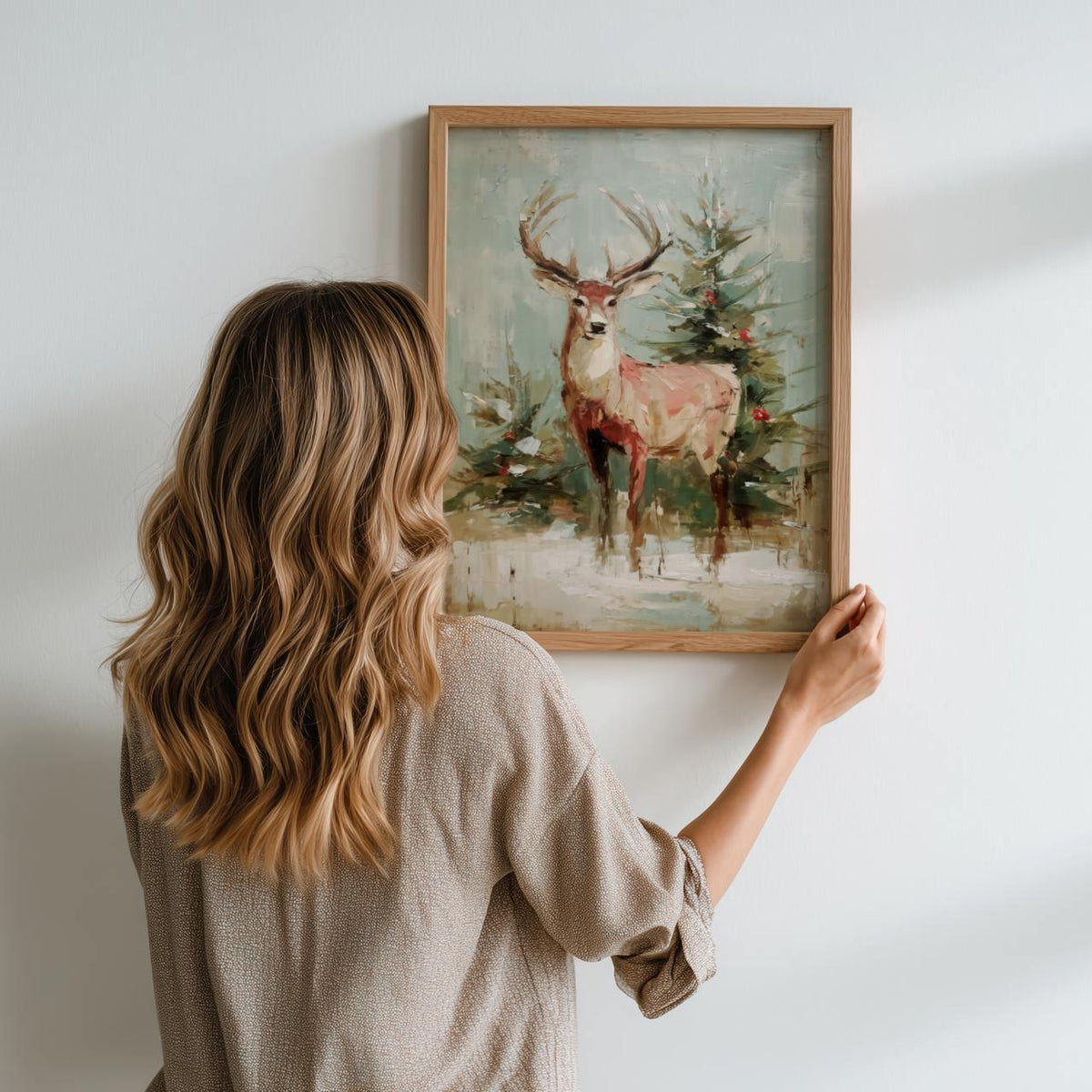 Christmas Reindeer Wall Art Print, Festive Deer by Tree, Modern Oil Painting Style Holiday Decor