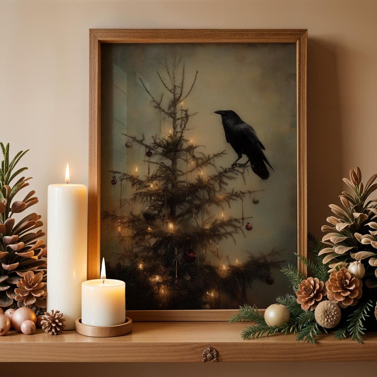 Dark Academia Christmas Crow Print, Gothic Holiday Wall Art Gift for Him or Her, Christmas Wall Art