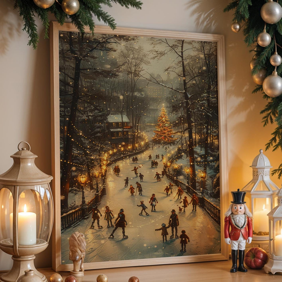 Festive Ice Rink Christmas Poster – Winter Wall Art Print, Cozy Holiday Decor, Family Skating, Christmas Tree Lights, Sn