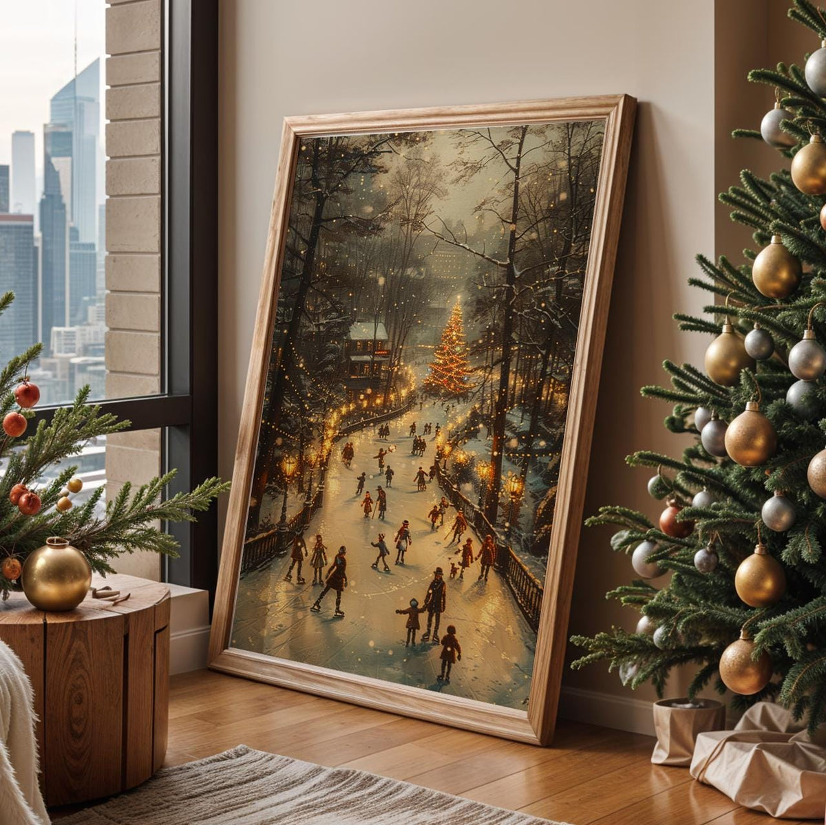 Festive Ice Rink Christmas Poster – Winter Wall Art Print, Cozy Holiday Decor, Family Skating, Christmas Tree Lights, Sn