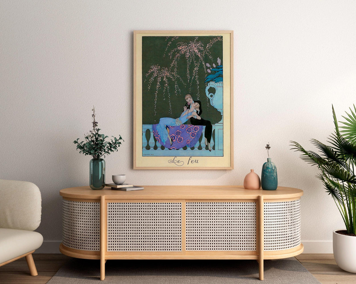 George Barbier - Le Feu. Couple love art print, Interior painting, Extravagant poster print, Vintage art, Gallery wrappe