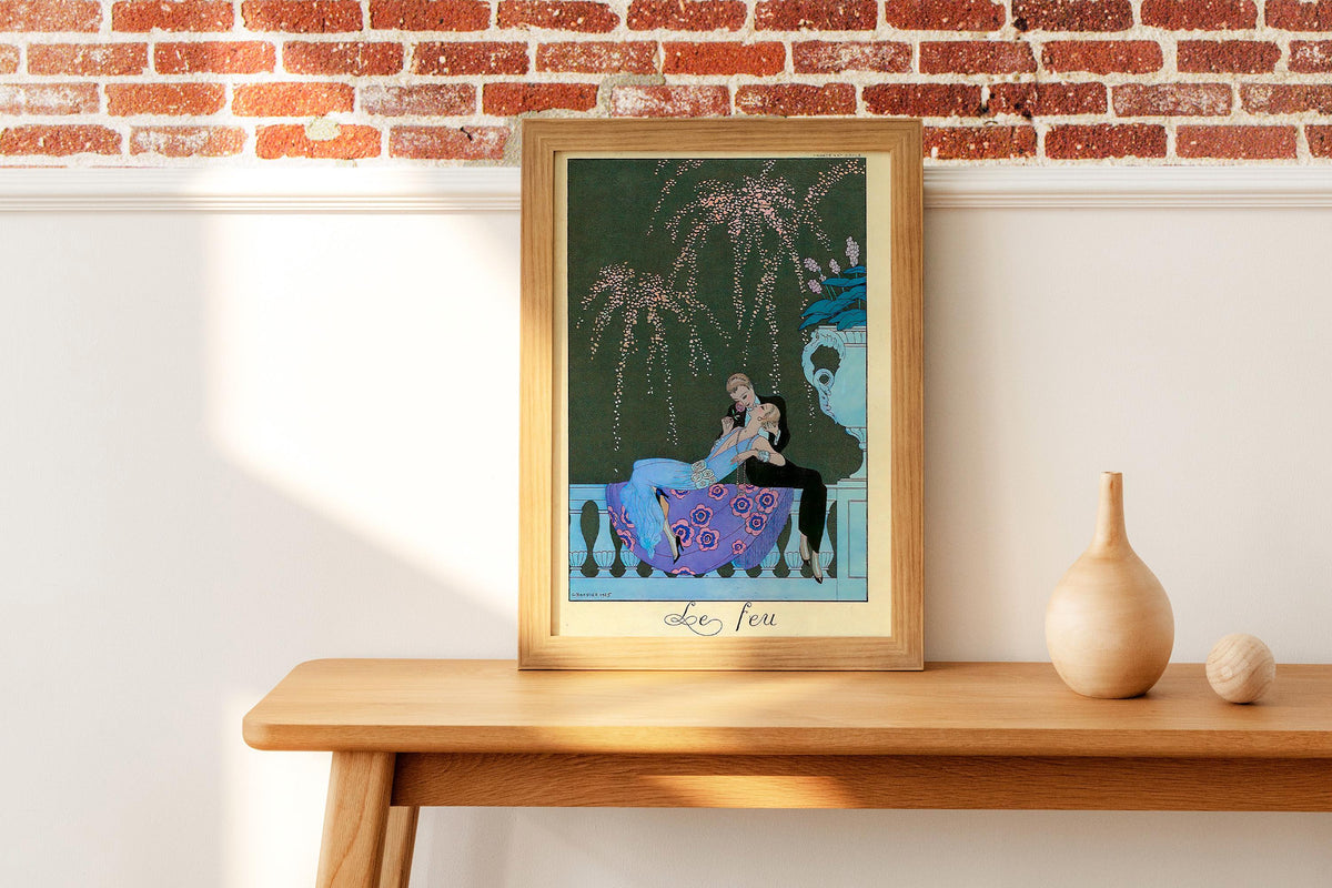 George Barbier - Le Feu. Couple love art print, Interior painting, Extravagant poster print, Vintage art, Gallery wrappe