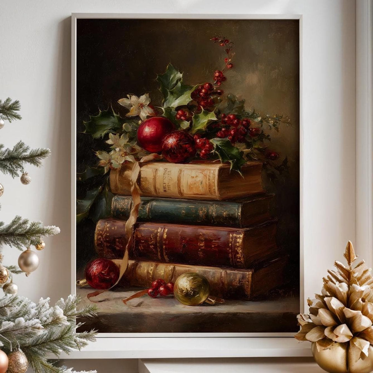 Vintage Book Stack Christmas Print, Retro Holiday Ornament Wall Art