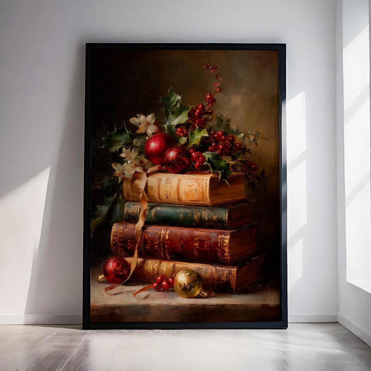 Vintage Book Stack Christmas Print, Retro Holiday Ornament Wall Art