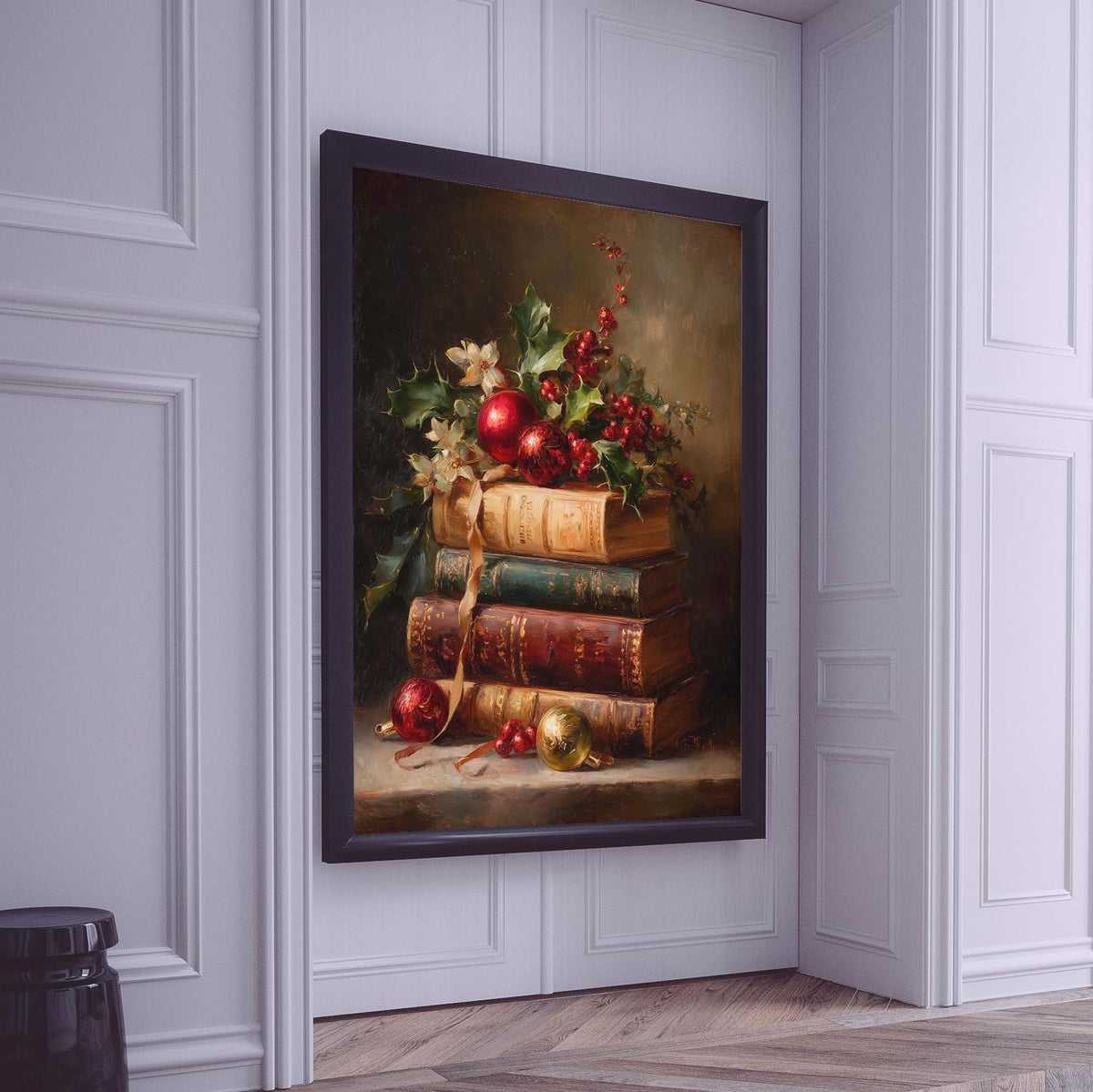 Vintage Book Stack Christmas Print, Retro Holiday Ornament Wall Art