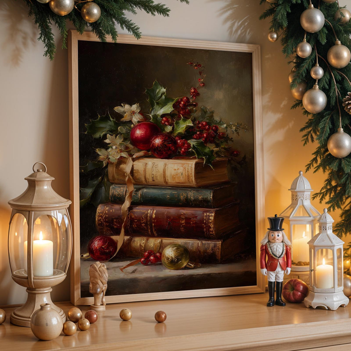 Vintage Book Stack Christmas Print, Retro Holiday Ornament Wall Art