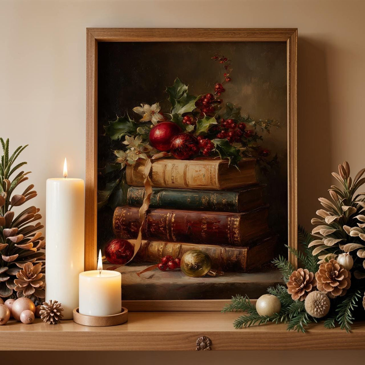 Vintage Book Stack Christmas Print, Retro Holiday Ornament Wall Art