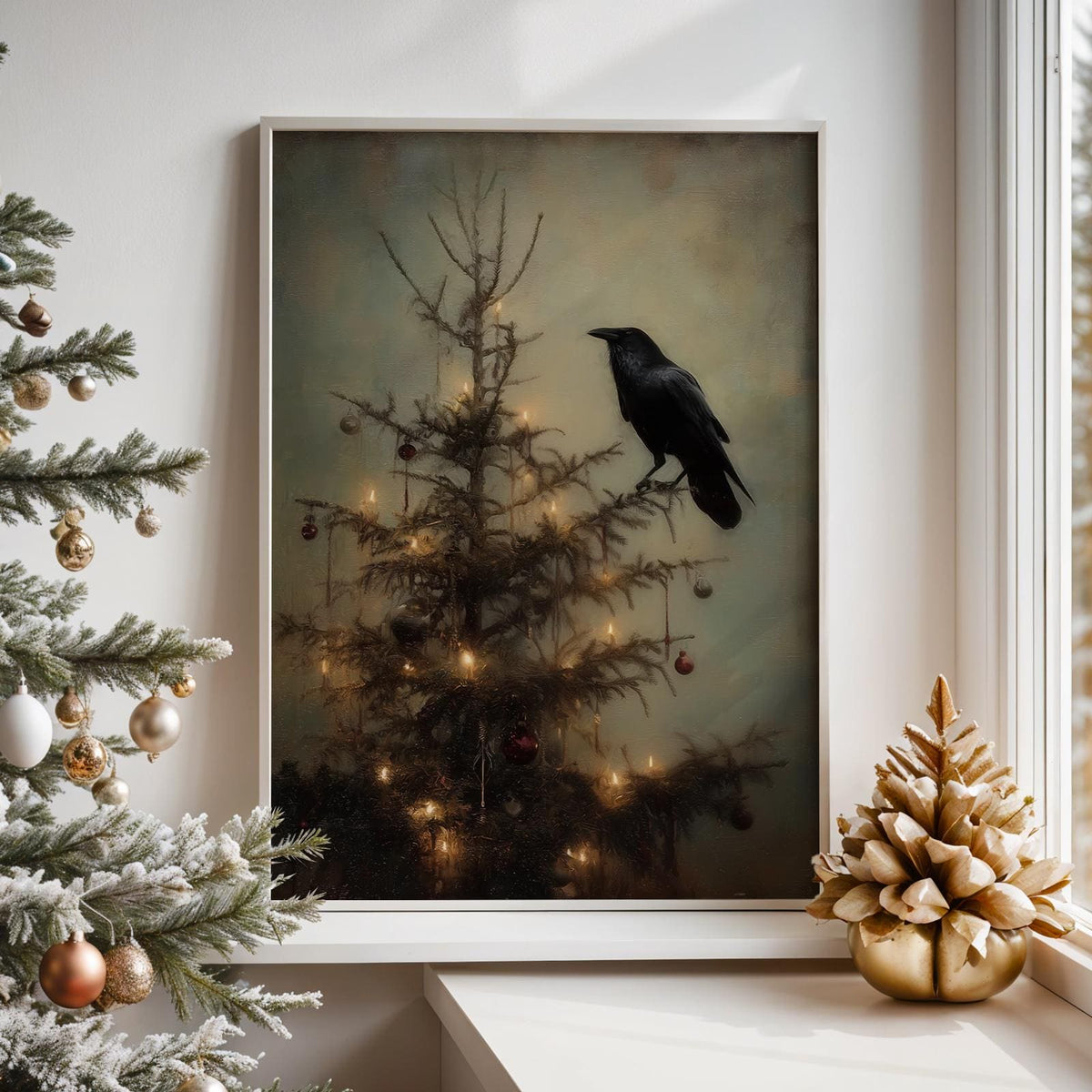 Dark Academia Christmas Crow Print, Gothic Holiday Wall Art Gift for Him or Her