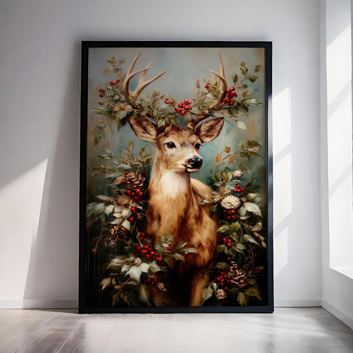 Christmas Reindeer Portrait with Festive Wreath Poster, Holiday Wall Art Print, Rustic Winter Home Decor