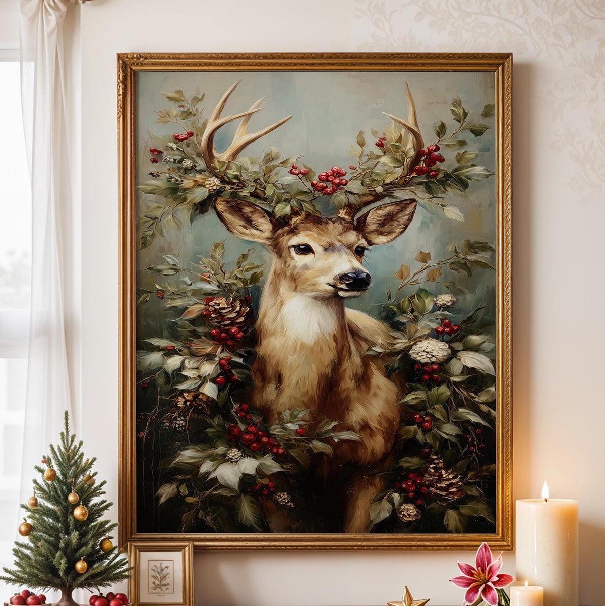 Christmas Reindeer Portrait with Festive Wreath Poster, Holiday Wall Art Print, Rustic Winter Home Decor